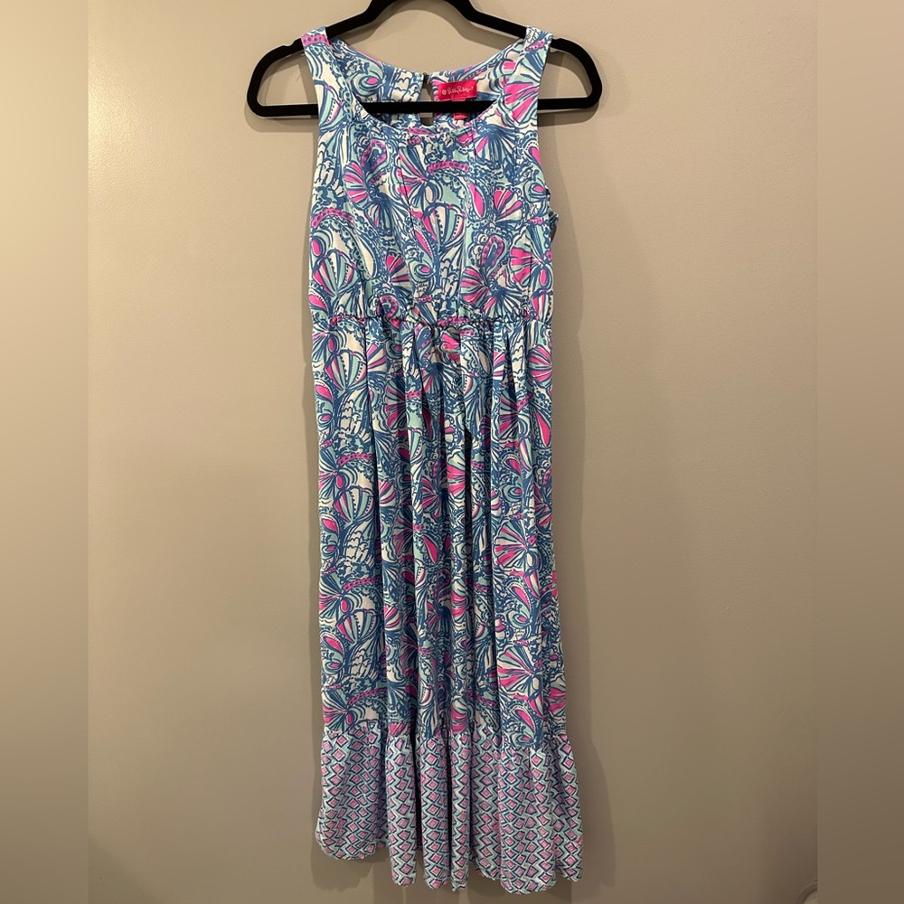 Lilly Pulitzer My Fans Maxi Dress Girls Size XL (14-16) Blue and Pink